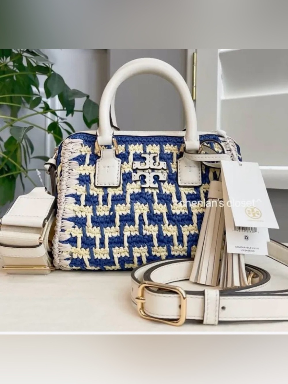 Tory Burch Blue and Cream, yellow Woven Satchel with White Leather Trim NWT